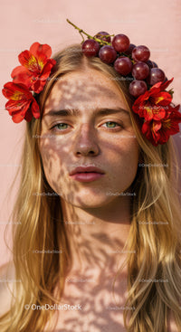 Beautiful Woman Wearing Floral Crown with Red Alstroemeria and Grape Flowers