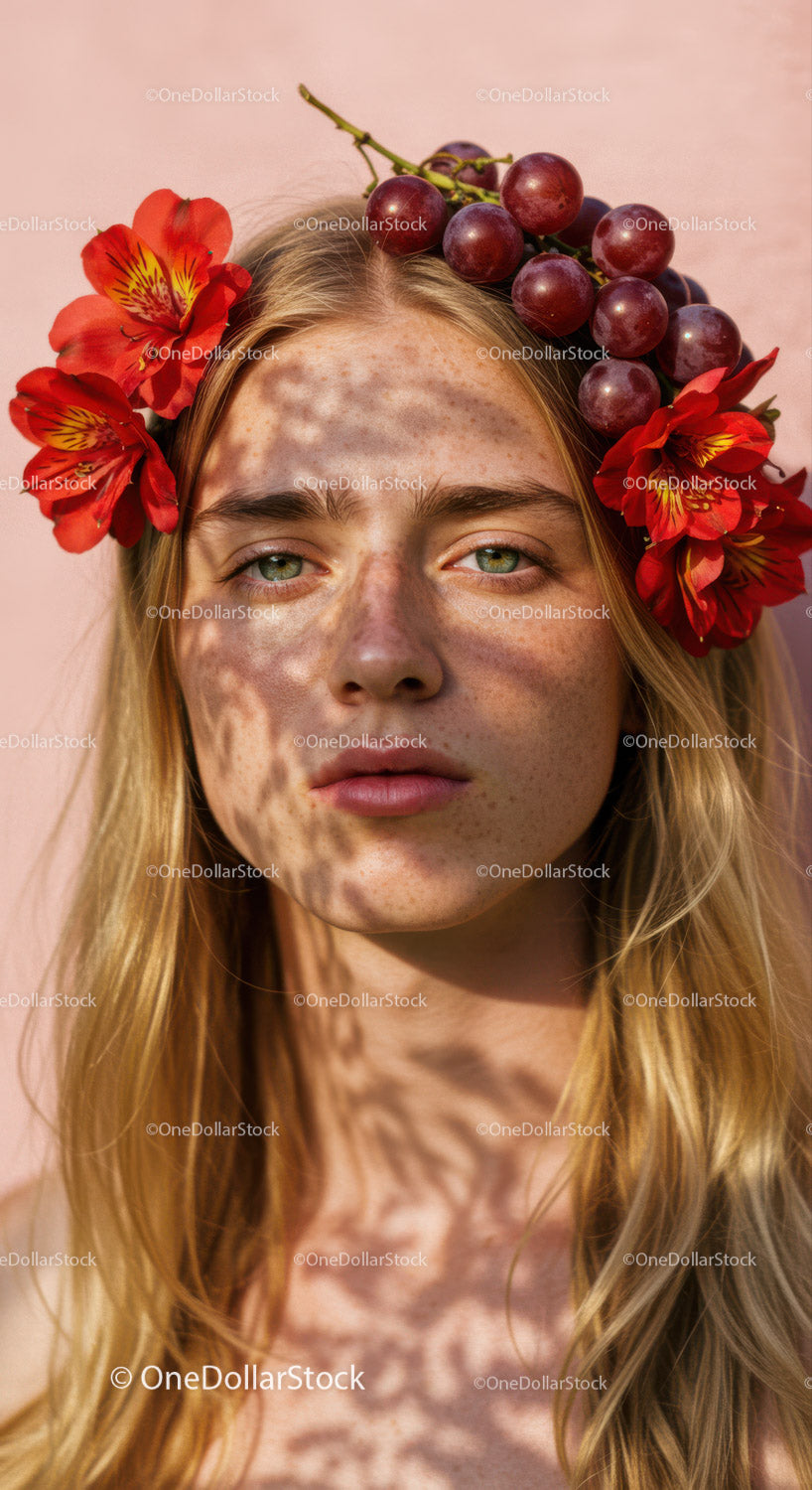 Beautiful Woman Wearing Floral Crown with Red Alstroemeria and Grape Flowers