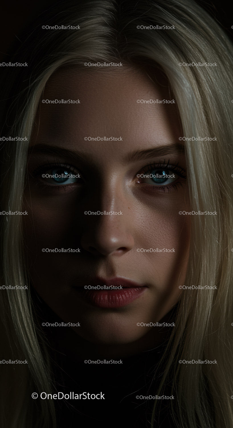 Close up of young woman with intense gaze in low light