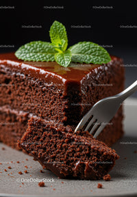 Close up of moist chocolate cake slice with mint garnish