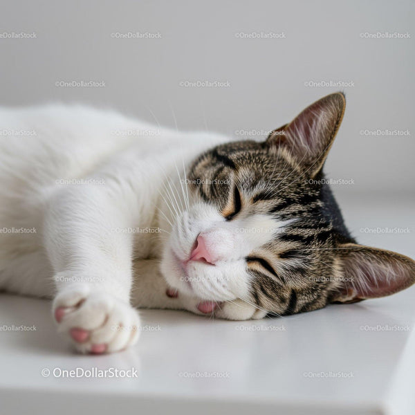 Tabby and white cat peacefully sleeping on table