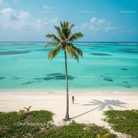 Lonely Traveler on a Tropical Beach Under a Palm Tree