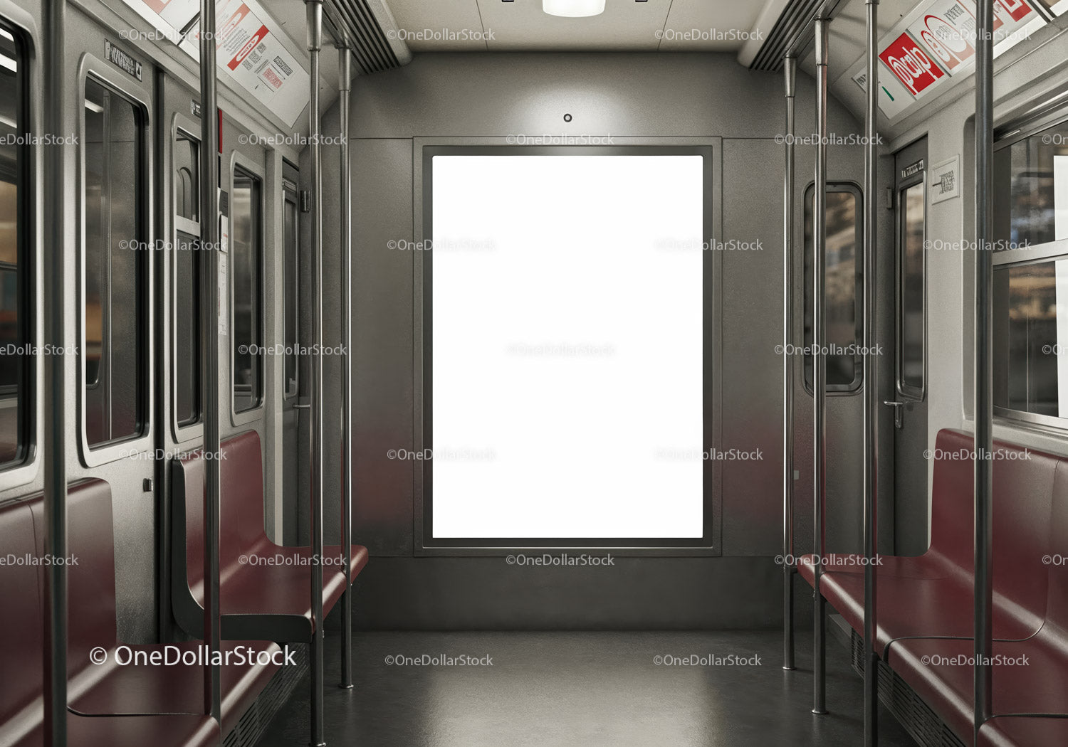 Wnętrze pustego wagonu metra z pustym panelem reklamowym