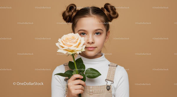Young Girl Holding Elegant Cream Rose Portrait with Beige Background