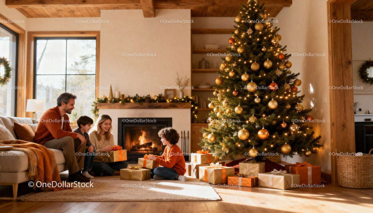 Family sharing gifts by Christmas tree in cozy living room