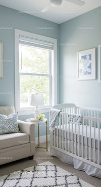 Serene Baby Nursery with White Crib and Light Blue Walls