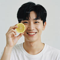 Young Man Smiling Holding Lemon Slice in Bright Casual Portrait