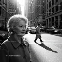 Elegant Elderly Woman Walking in a Black and White City Street Scene