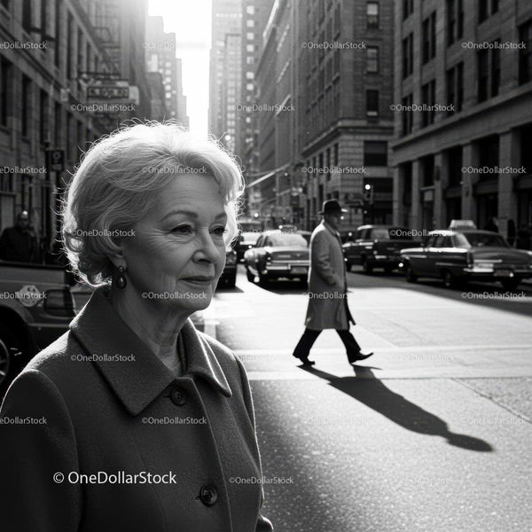 Elegant Elderly Woman Walking in a Black and White City Street Scene