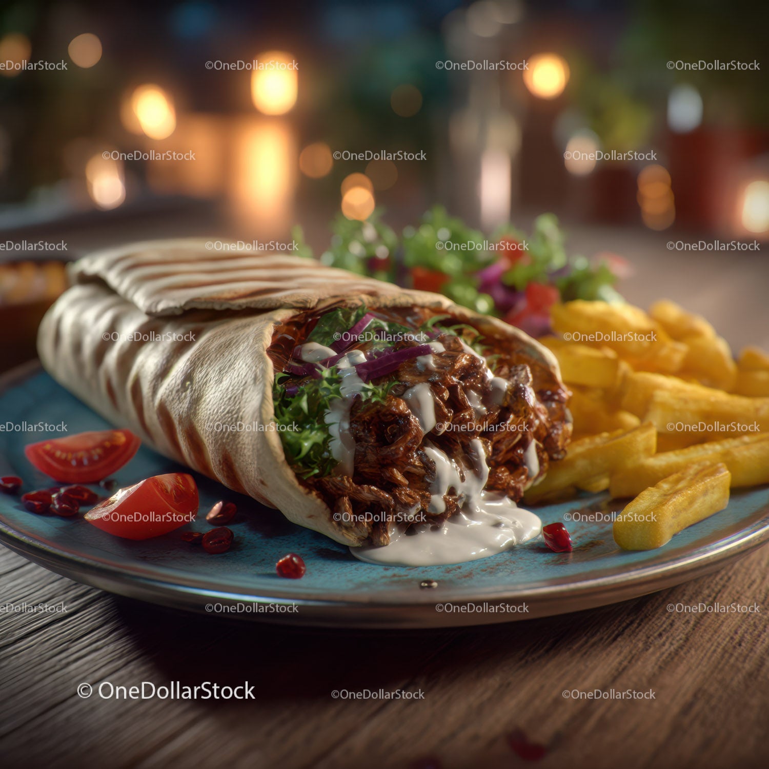 Steak Burrito with Vegetables and Fries on a Blue Plate