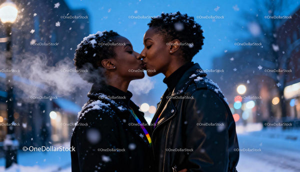 Loving LGBTQ Couple Sharing a Winter Kiss Outdoors