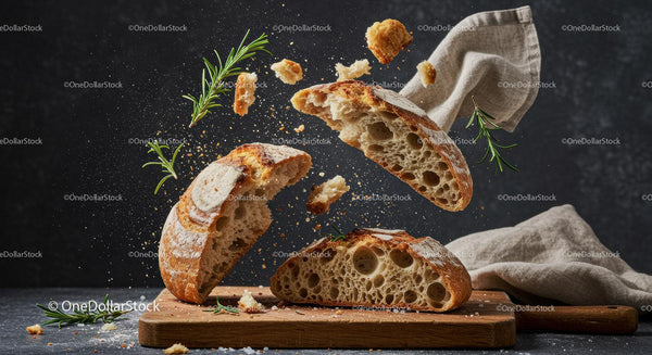 Rustic sourdough bread breaking with fresh rosemary sprigs