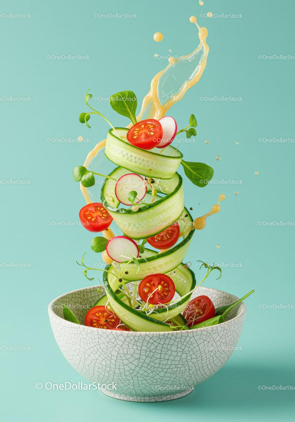 Fresh vegetable salad with dressing splash on turquoise
