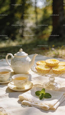 Delicate lemon tarts and tea set on a sunny picnic