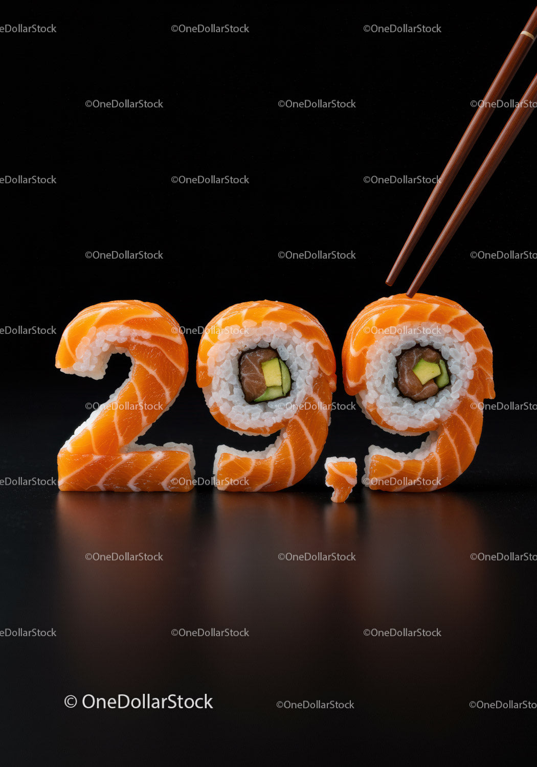 Kreatywne sushi w kształcie 299 z pałeczkami na czarnym tle