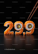 Creative sushi shaped as 299 with chopsticks on black