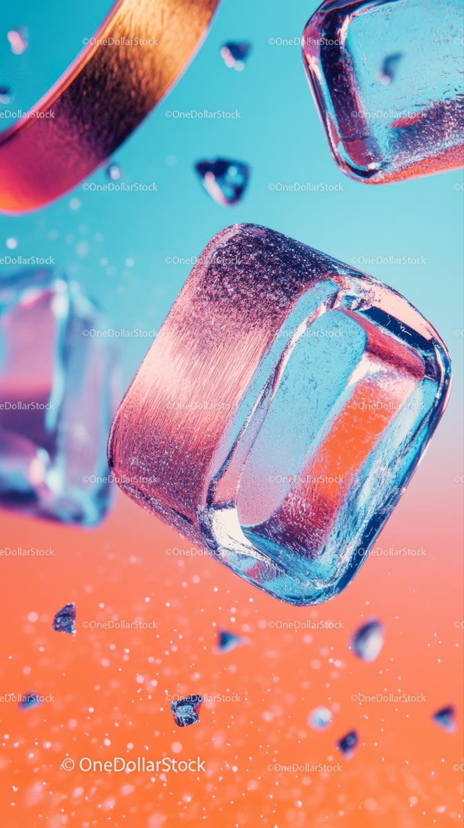 Close-up of Ice Cubes with Colorful Reflections for Refreshing Drinks