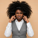 Frustrated Woman Covering Ears with Annoyed Expression