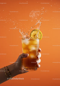 Refreshing iced tea with lemon splash on orange background