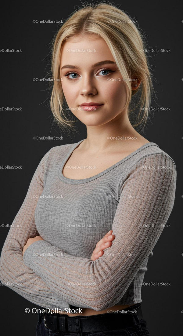 Confident young woman with crossed arms looking ahead