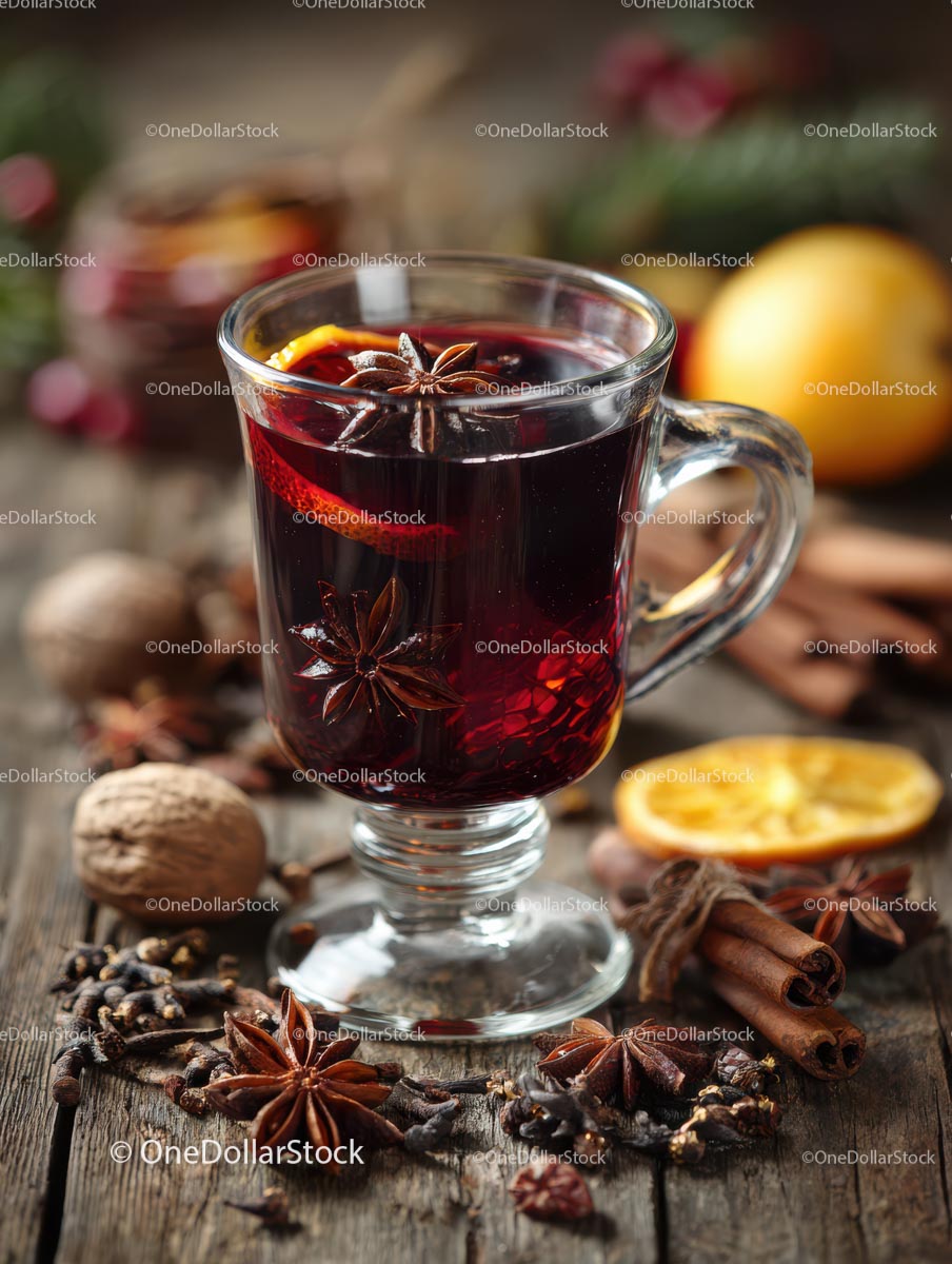 Mulled Wine with Spices and Citrus in Rustic Setting