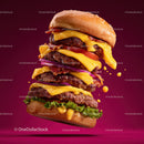 Stacked Cheeseburger with Multiple Beef Patties and Fresh Toppings