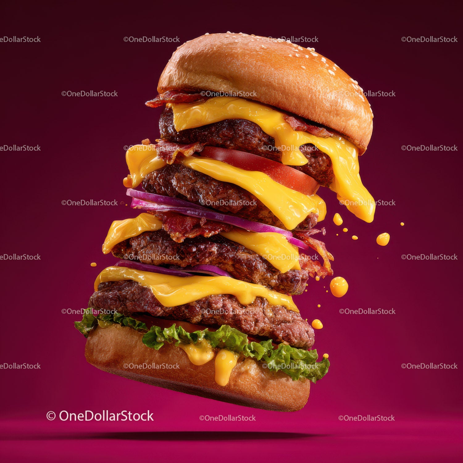 Stacked Cheeseburger with Multiple Beef Patties and Fresh Toppings