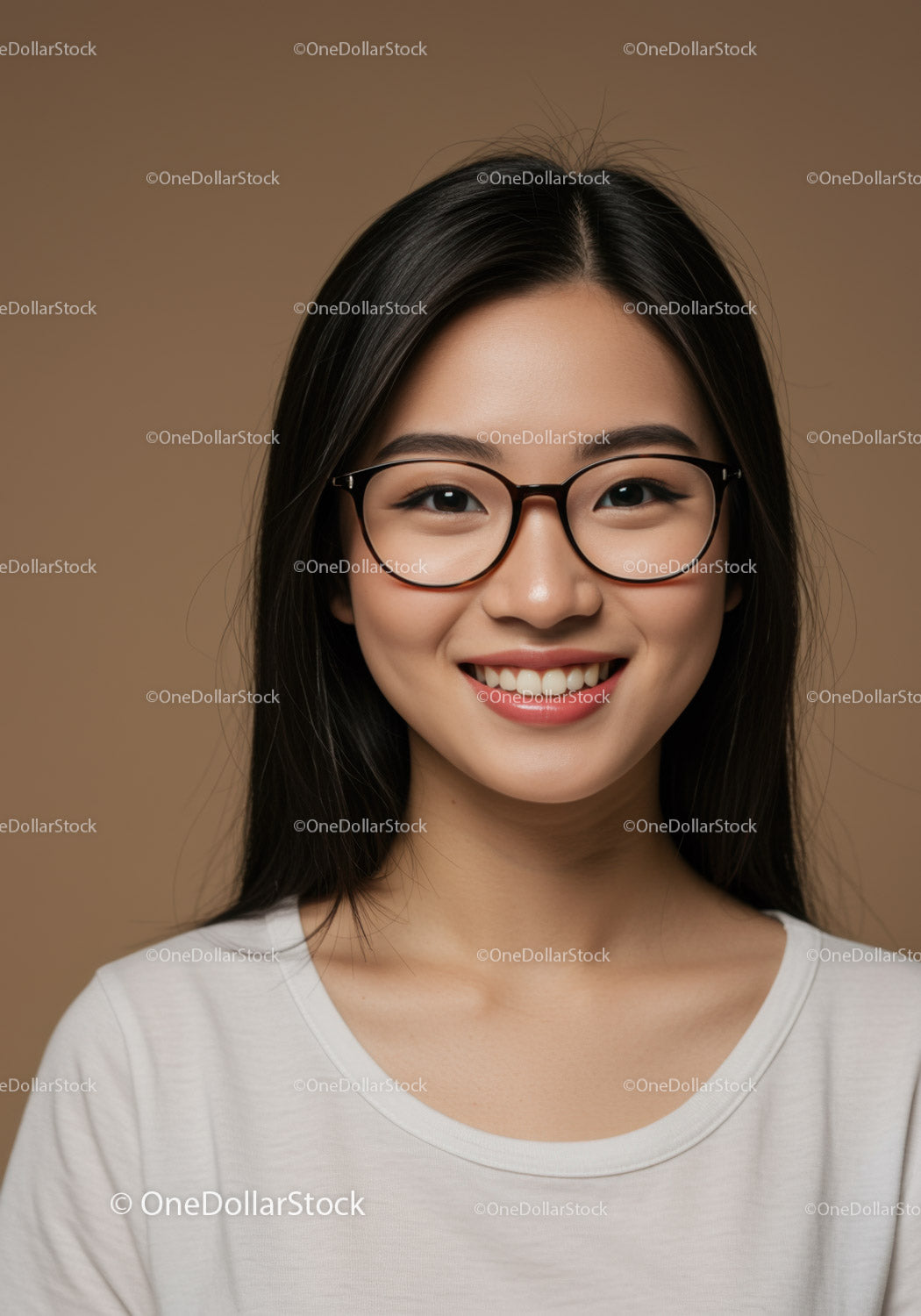 Smiling Asian Woman in Glasses Wearing White T-Shirt Portrait