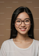Smiling Asian Woman in Glasses Wearing White T-Shirt Portrait