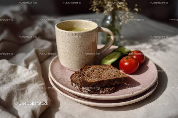 Ceramic Mug with Green Tea, Dark Bread and Fresh Vegetables