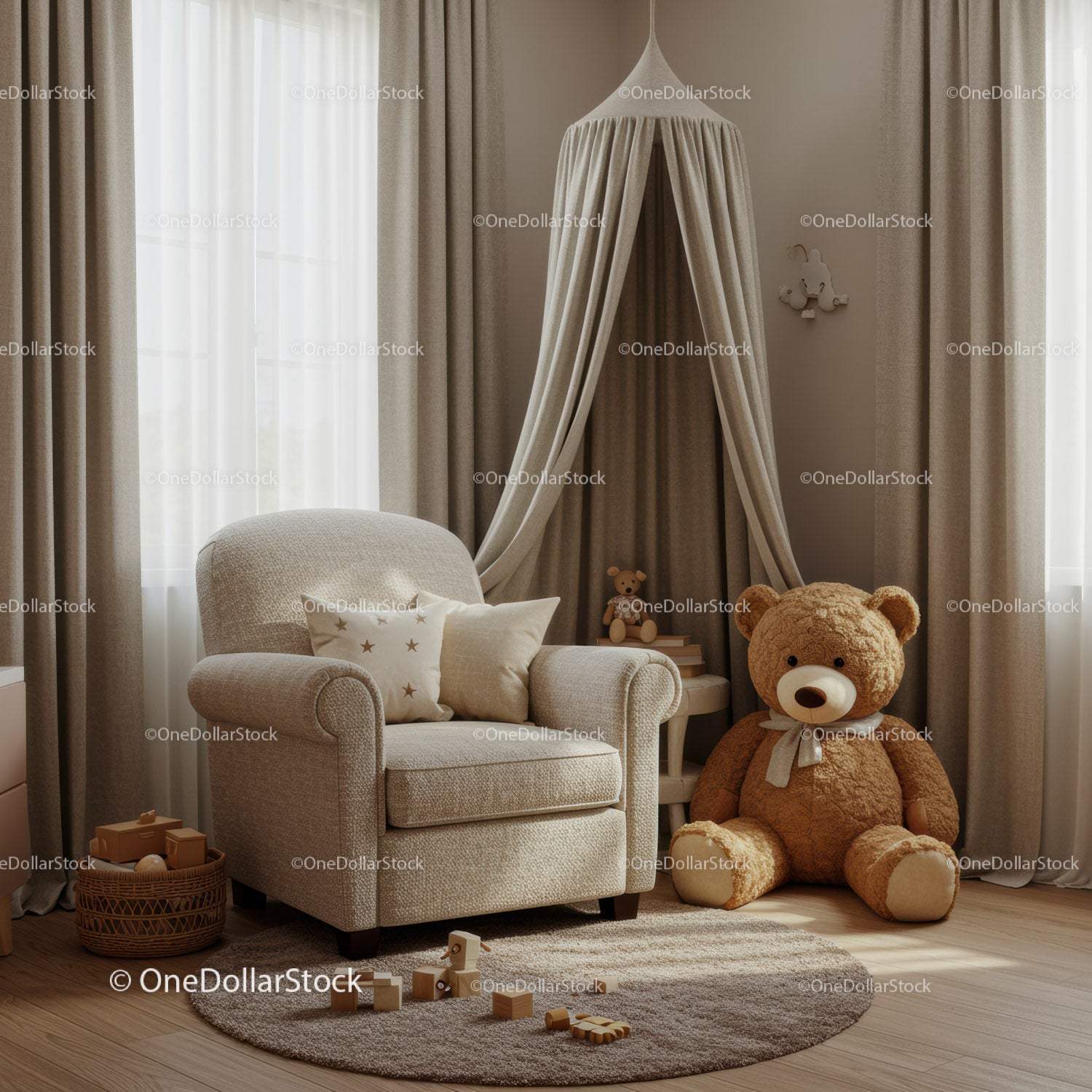 Cozy beige nursery corner with teddy bear and armchair