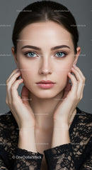 Close-Up of a Woman with Blue Eyes and Flawless Skin in Black Lace Top