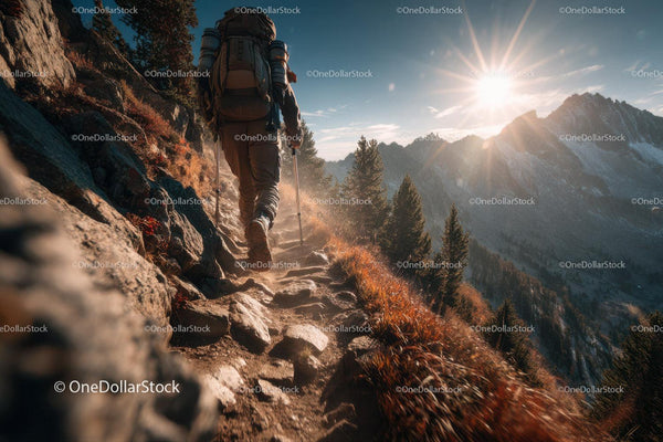 Mountain Trail Hiker with Backpack Trekking in Scenic Wilderness