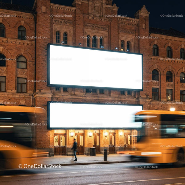 Urban street with illuminated blank billboards at night JPG Mockup Image