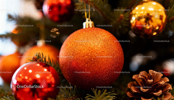 Sparkling orange Christmas bauble on festive tree