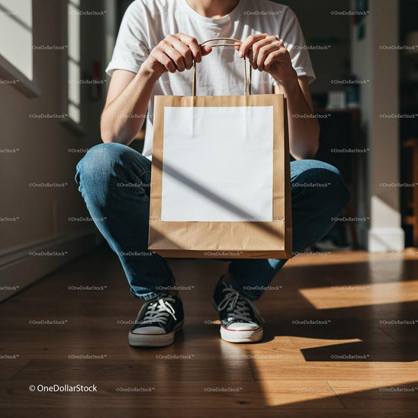 Man holding blank paper bag in casual jeans and sneakers JPG Mockup Image