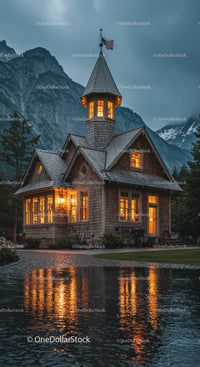 Cozy illuminated cabin by mountains during twilight