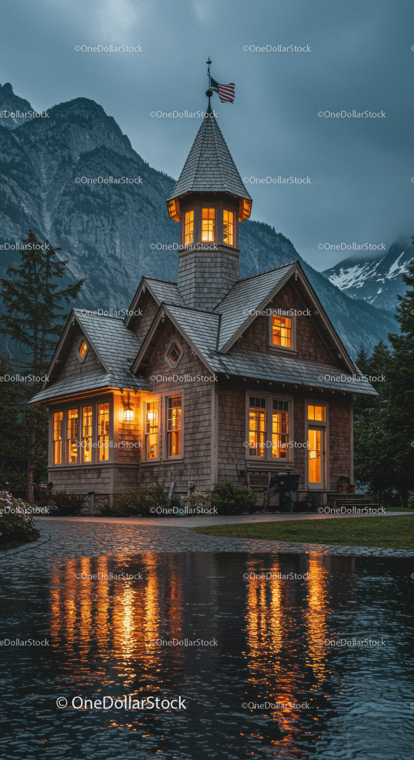 Cozy illuminated cabin by mountains during twilight