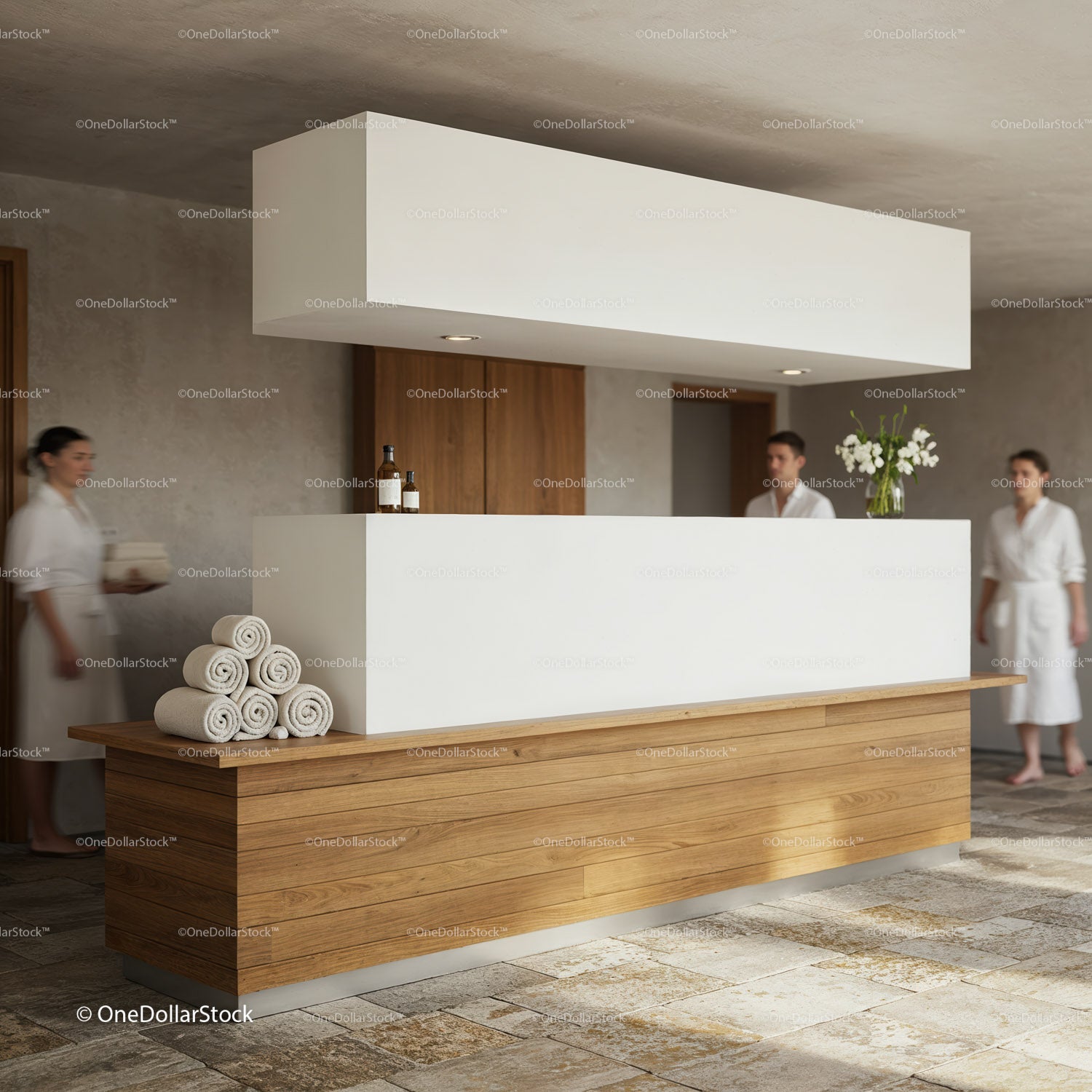 Minimalistyczna recepcja spa z personelem w białych szatach