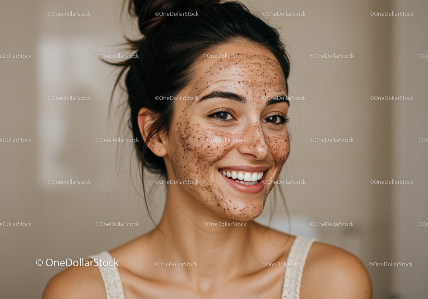 Young Woman with Freckles Smiling in Skincare Routine
