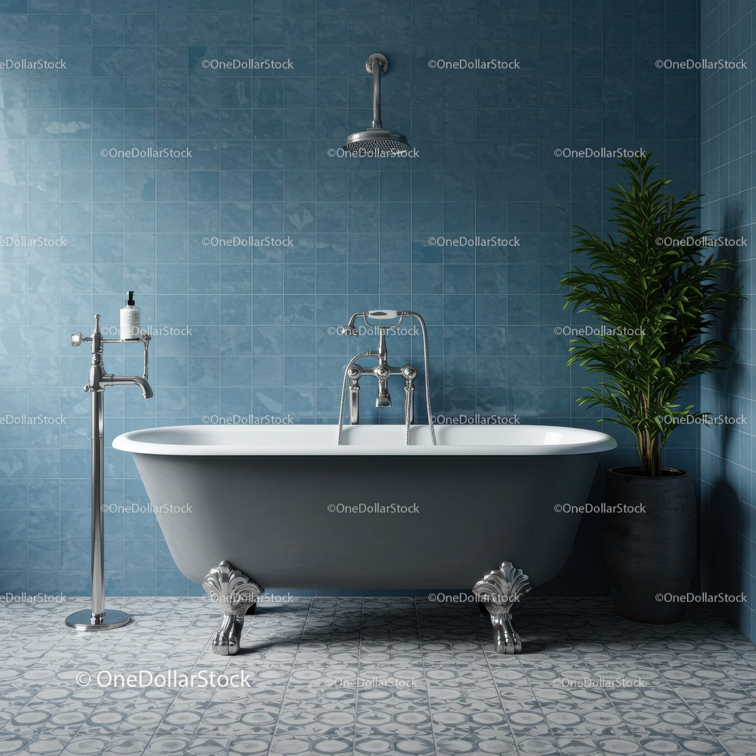Classic freestanding bathtub with elegant blue tile backdrop