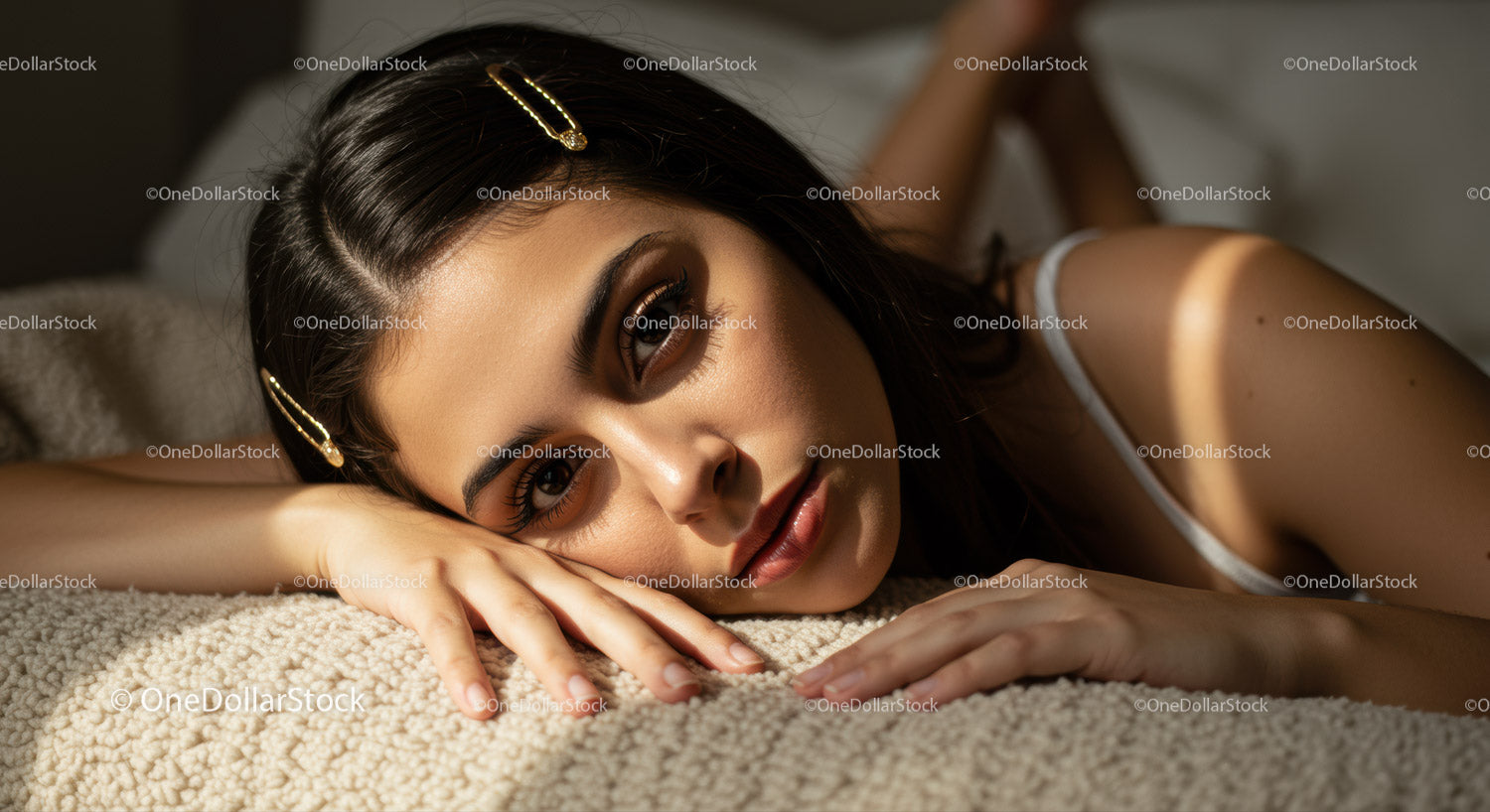 Beautiful Woman Relaxing on Soft Carpet With Warm Lighting