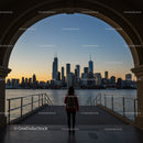 City Skyline at Sunset with Woman Facing Water and Skyscrapers