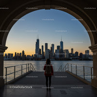 City Skyline at Sunset with Woman Facing Water and Skyscrapers
