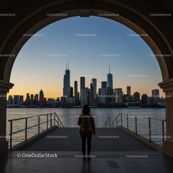 City Skyline at Sunset with Woman Facing Water and Skyscrapers