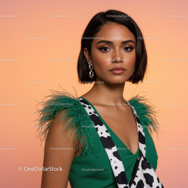 Elegant Woman Wearing Green Dress with Feather Details and Unique Accessories