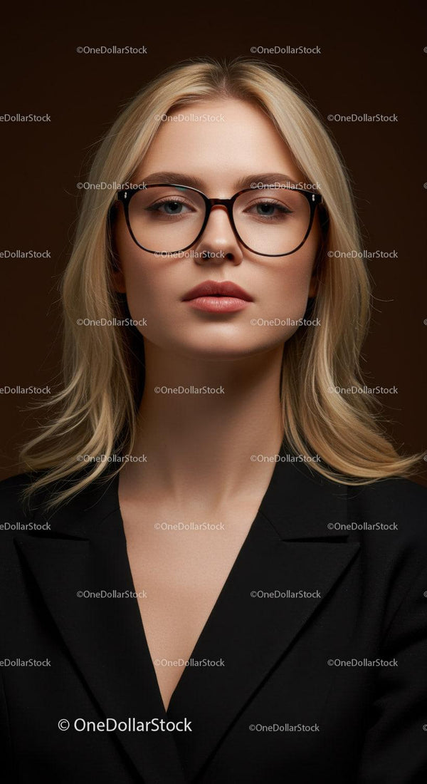 Elegancka blondynka w czarnej marynarce w okularach na profesjonalnym portrecie