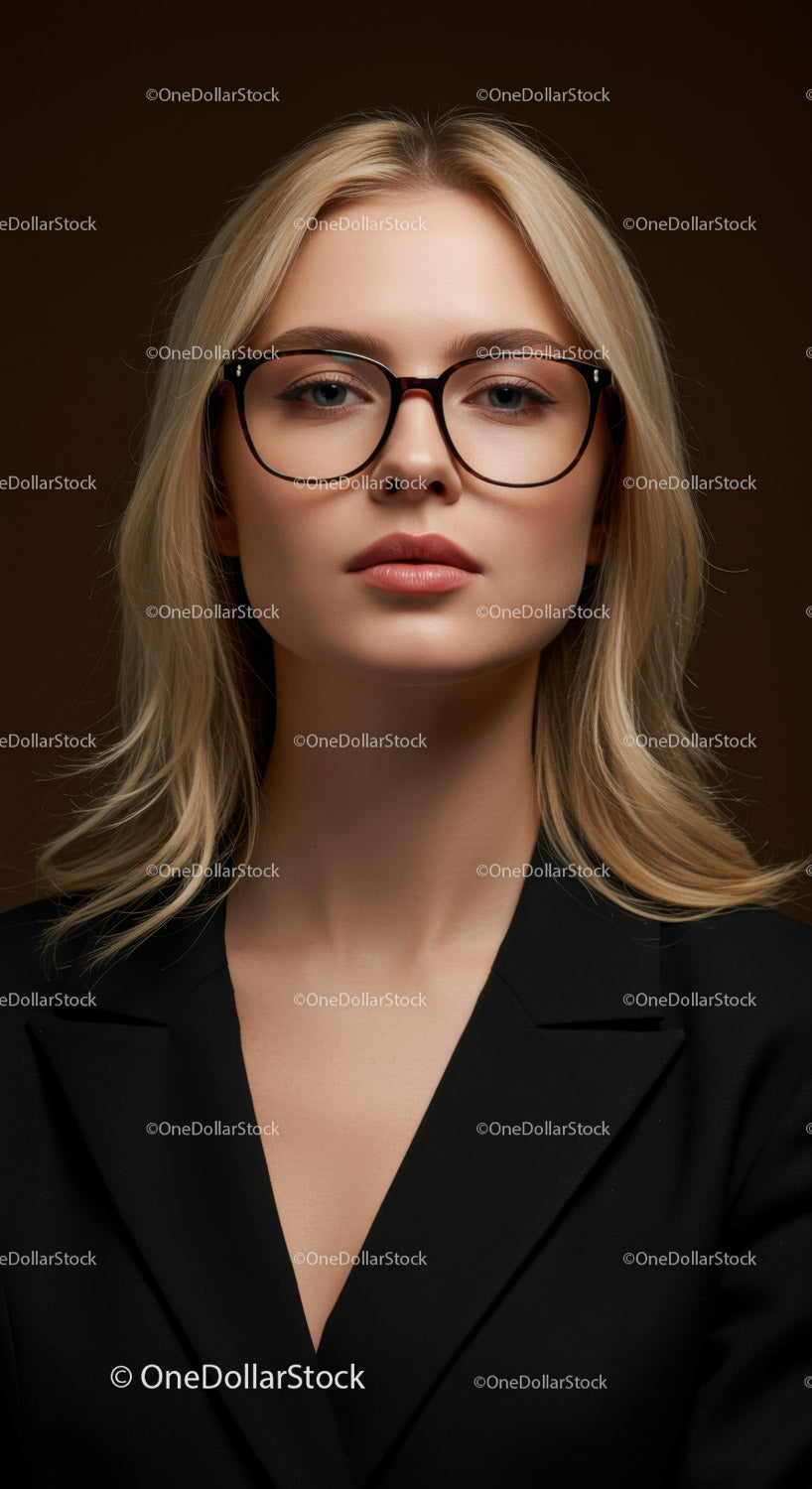 Elegancka blondynka w czarnej marynarce i okularach na profesjonalnym portrecie