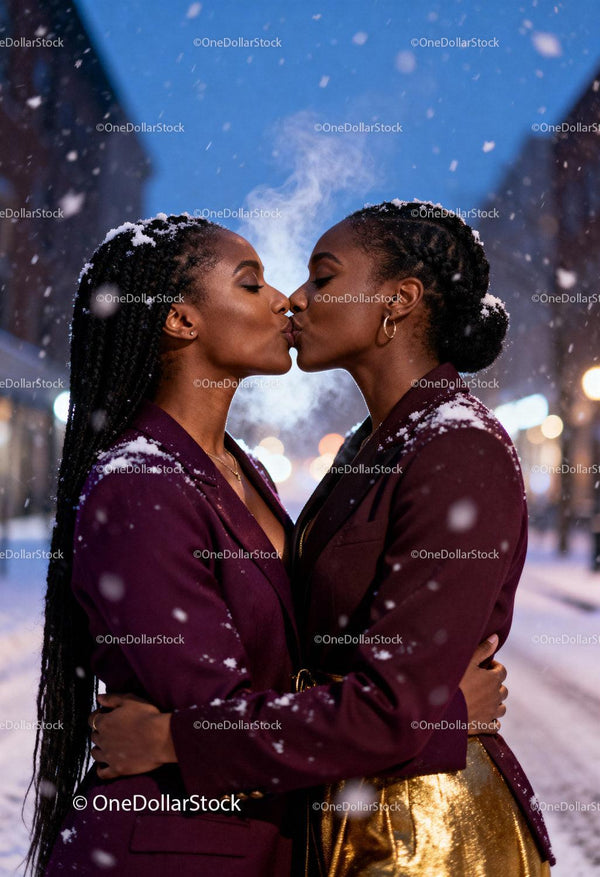 Winter Kiss Between Two Women in Snowy City Street