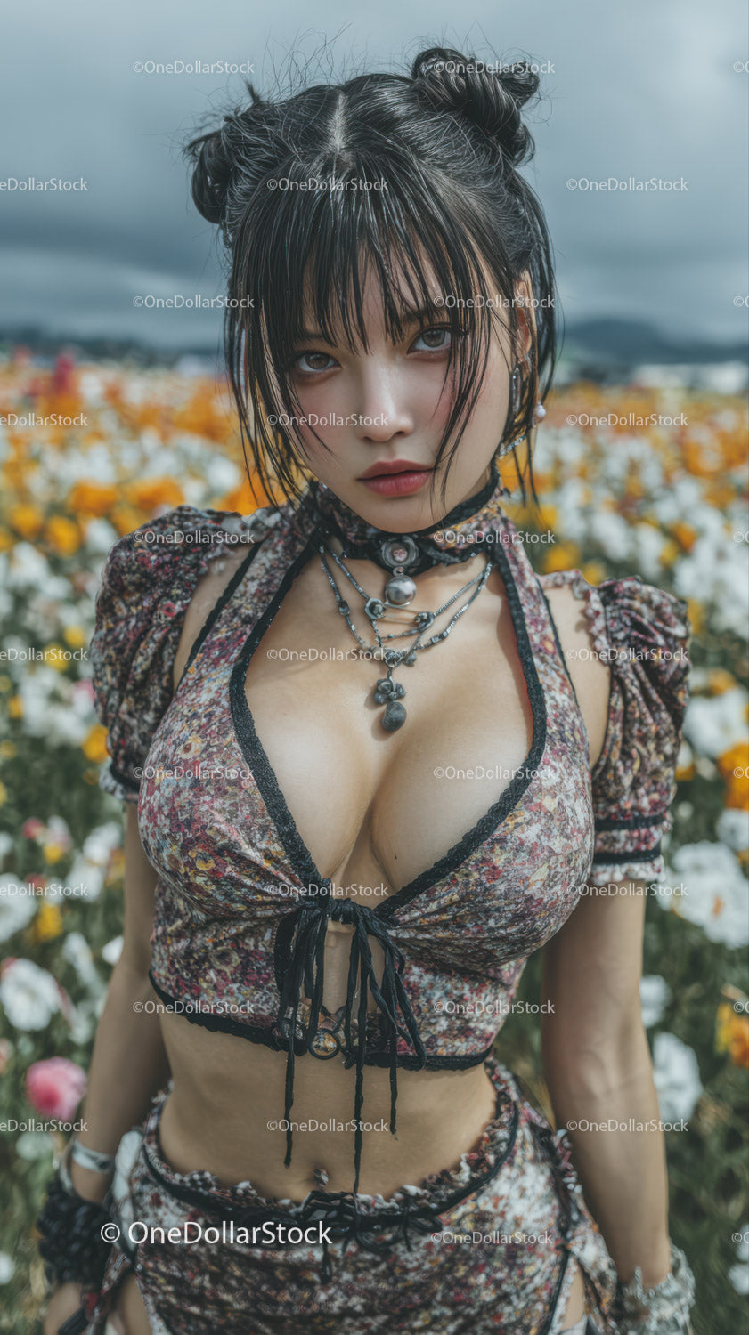 Fashionable Young Woman in Floral Crop Top and Chunky Jewelry Outdoors